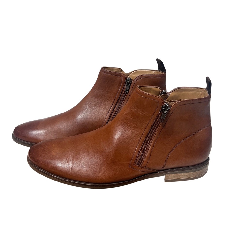 Clarks Mens Tan Brown Leather Dual Zip 9.5 Ankle Boots Dress Shoes Almond Toe